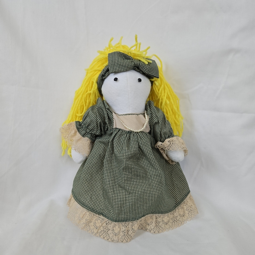 Vtg Inspired Handmade Jointed Fabric Doll Green Gingham Dress Yellow Yarn Hair